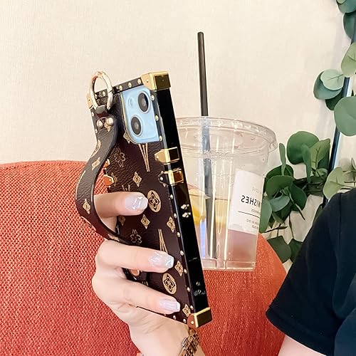 Miniatura 2 de TRODINO Funda cuadrada de cuero para iPhone 13 Pro con correa de pulsera, funda de teléfono de diseño de lujo para mujeres y niñas, soporte de mano,