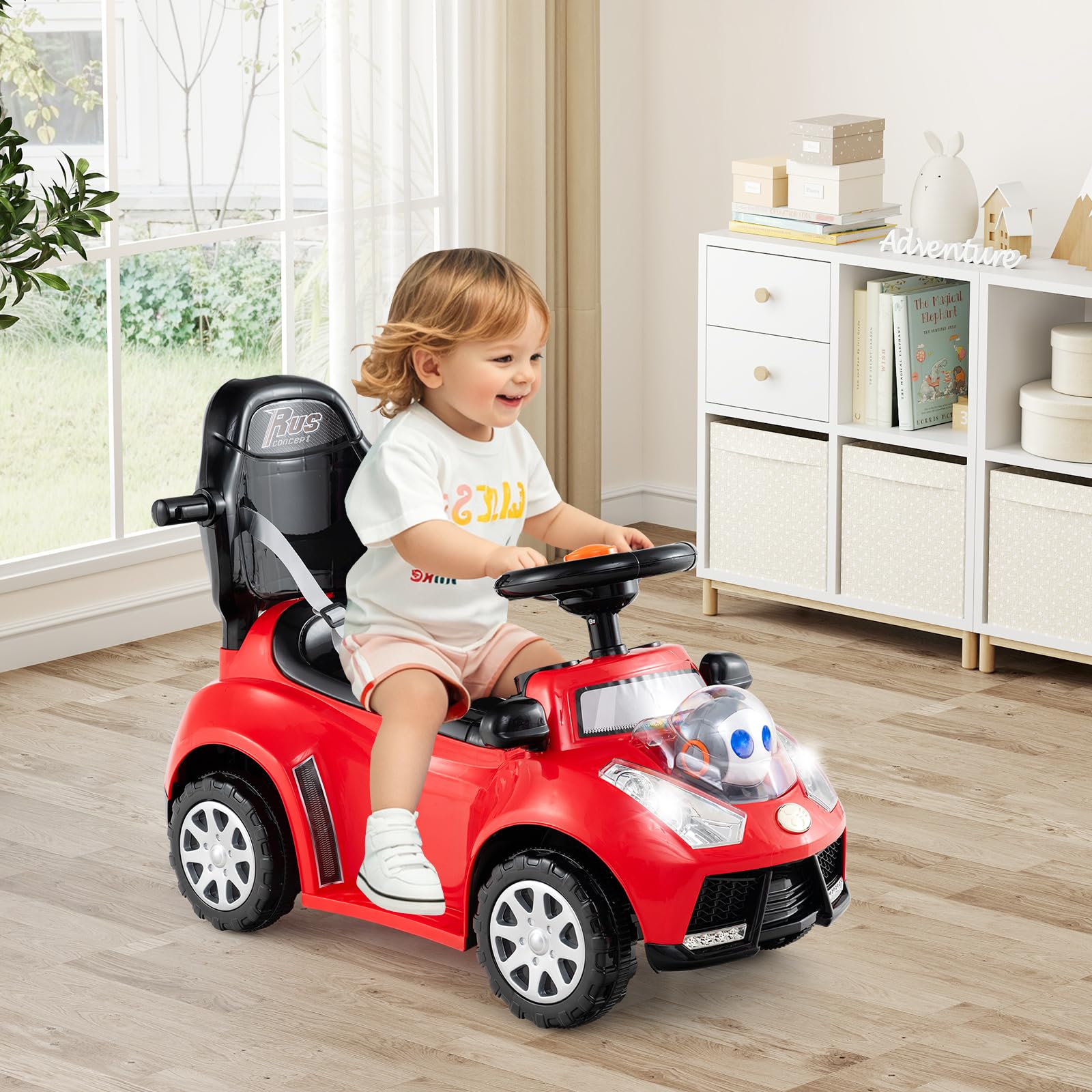 COSTWAY 3-in-1 Rutschauto mit Schiebestange, Rutschfahrzeug mit Hupe, Musik, Licht & Sicherheitsgurt, Schiebauto mit Stauraum, abnehmbarem Schutzbügel, Rutscher Auto für Kinder ab 1 Jahr (Rot)