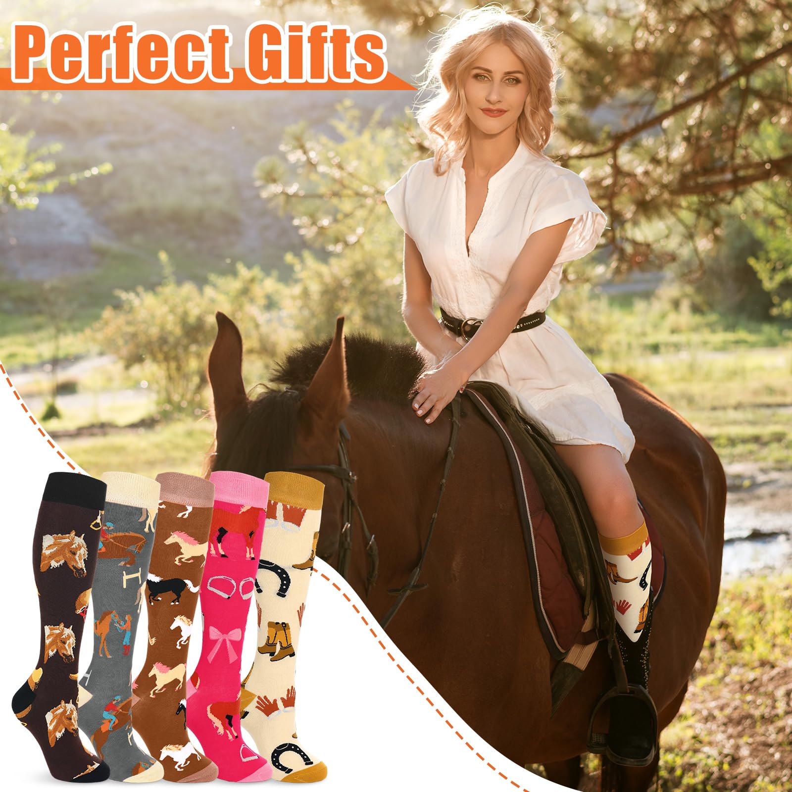 Sintege 5 Paia di Calzini da Equitazione da Donna Calzini Lunghi da Equitazione Calze Lunghe Colorate con Motivo Animalier Regalo Divertente per Cavalieri