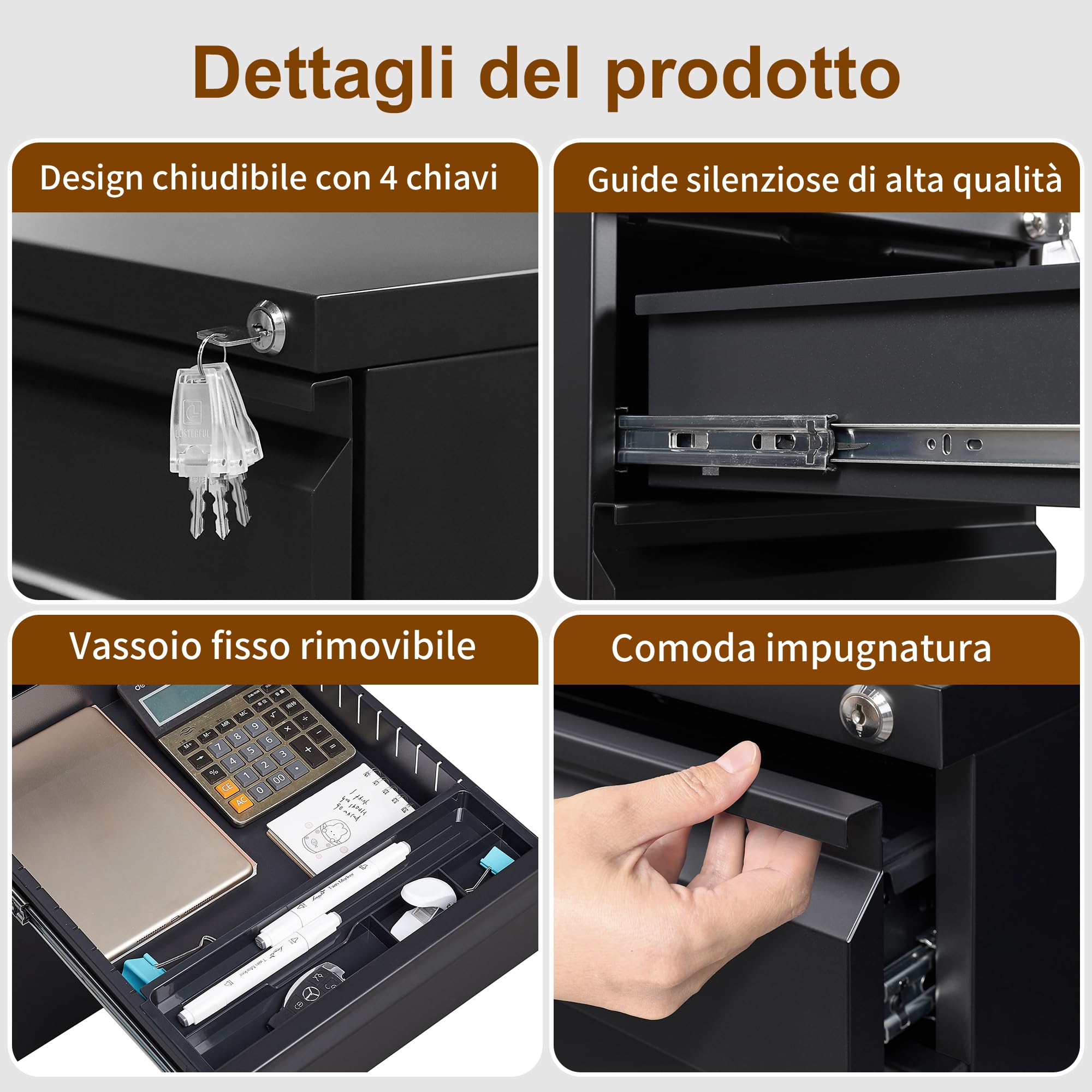Cassettiera Scrivania Mobile, Cassettiera con Serratura, 4 Chiavi, 3 Cassetti, in Acciaio, Preassemblato, Nero
