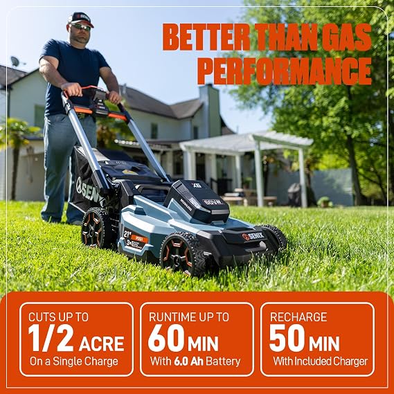 SENIX X6 60 Volt Max* 21-Inch 3-in-1 Cordless Push Lawn Mower, with Bagging, Mulching, and Side Discharge, Height Adjustment, Smart Display, 6Ah Lithium-ion Battery & Charger Included (LPPX6-H)