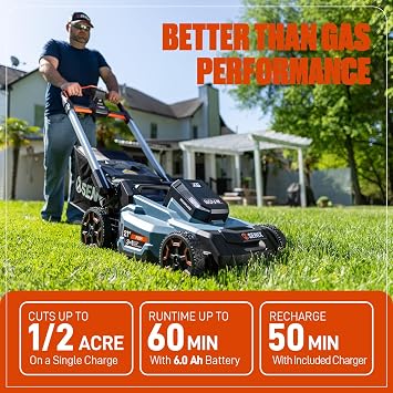 SENIX X6 60 Volt Max* 21-Inch 3-in-1 Cordless Push Lawn Mower, with Bagging, Mulching, and Side Discharge, Height Adjustment, Smart Display, 6Ah Lithium-ion Battery & Charger Included (LPPX6-H)