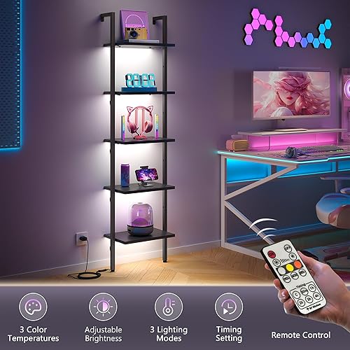 Miniatura 7 de Tajsoon Estante de escalera de 5 niveles con luz, estante de madera para libros montado en la pared, estantería de escalera con marco de metal,