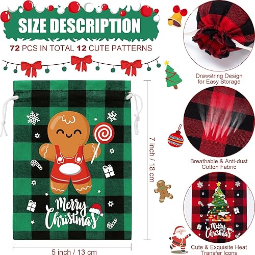 Miniatura 2 de 72 bolsas de arpillera con cordón de Navidad, bolsas de regalo de Navidad a cuadros de búfalo de 5 x 7 pulgadas con etiqueta, bolsas pequeñas de
