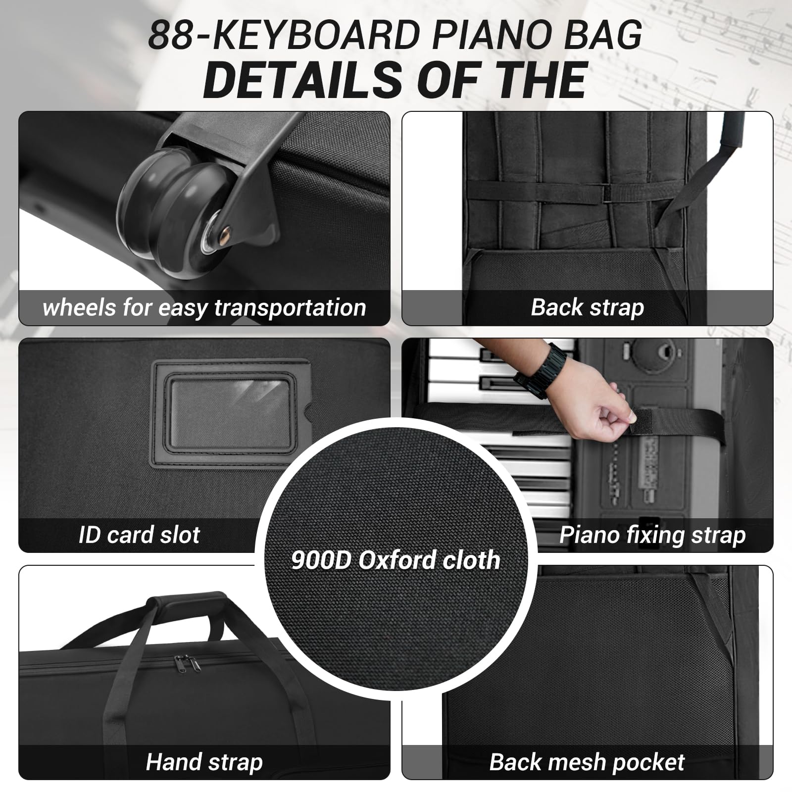 SUNDOY Custodia per tastiera a 88 tasti, 10 mm, imbottita, con ruote, cinghie regolabili e tasche multiple per pianoforte digitale e sintetizzatore