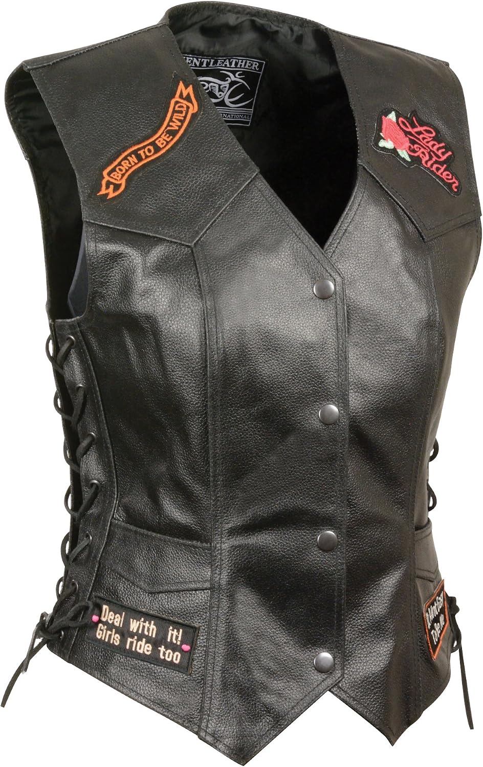 Women’s ELL4900 ‘Love to Ride’ Black Leather Motorcycle Vest with Embroidered Patches and Side Laces – Large Women’s ELL4900 ‘Love to Ride’ Black Leather Motorcycle Vest with Embroidered Patches and Side Laces – Large