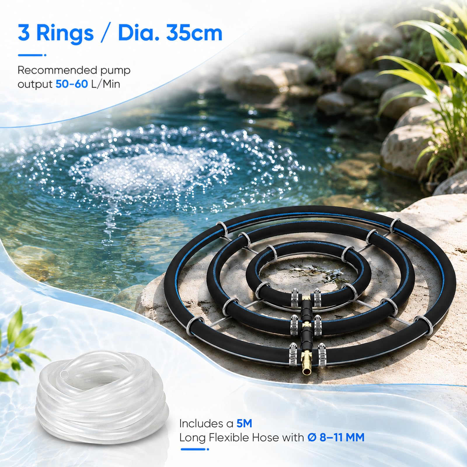 Teichbelüfter φ35cm, Edelstahl Belüfterring Teich Belüftung mit 5m Schlauch | Japanischer Ausströmer für Koiteich 3 Schlaufe Rohrdurchmesser 8mm Sauerstoff Teich Teichzubehör für Gartenteiche