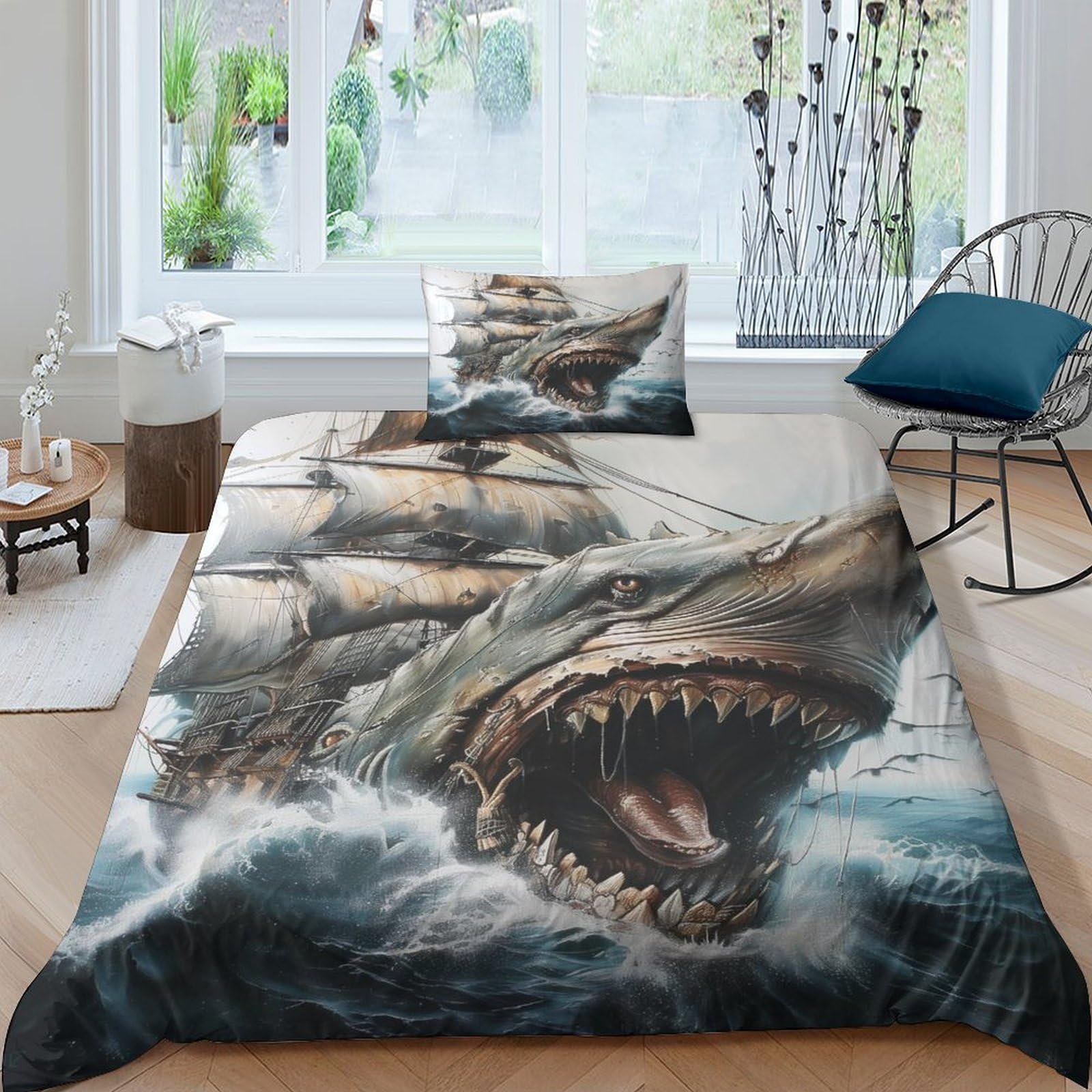 Housse de couette requin 3D pour chambre d'enfant, parure de lit simple pour décoration mer