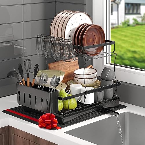 EPSY Escurridor de platos, 2 niveles, estante de secado de encimera de cocina de acero inoxidable negro con tapete para secar platos, soporte para