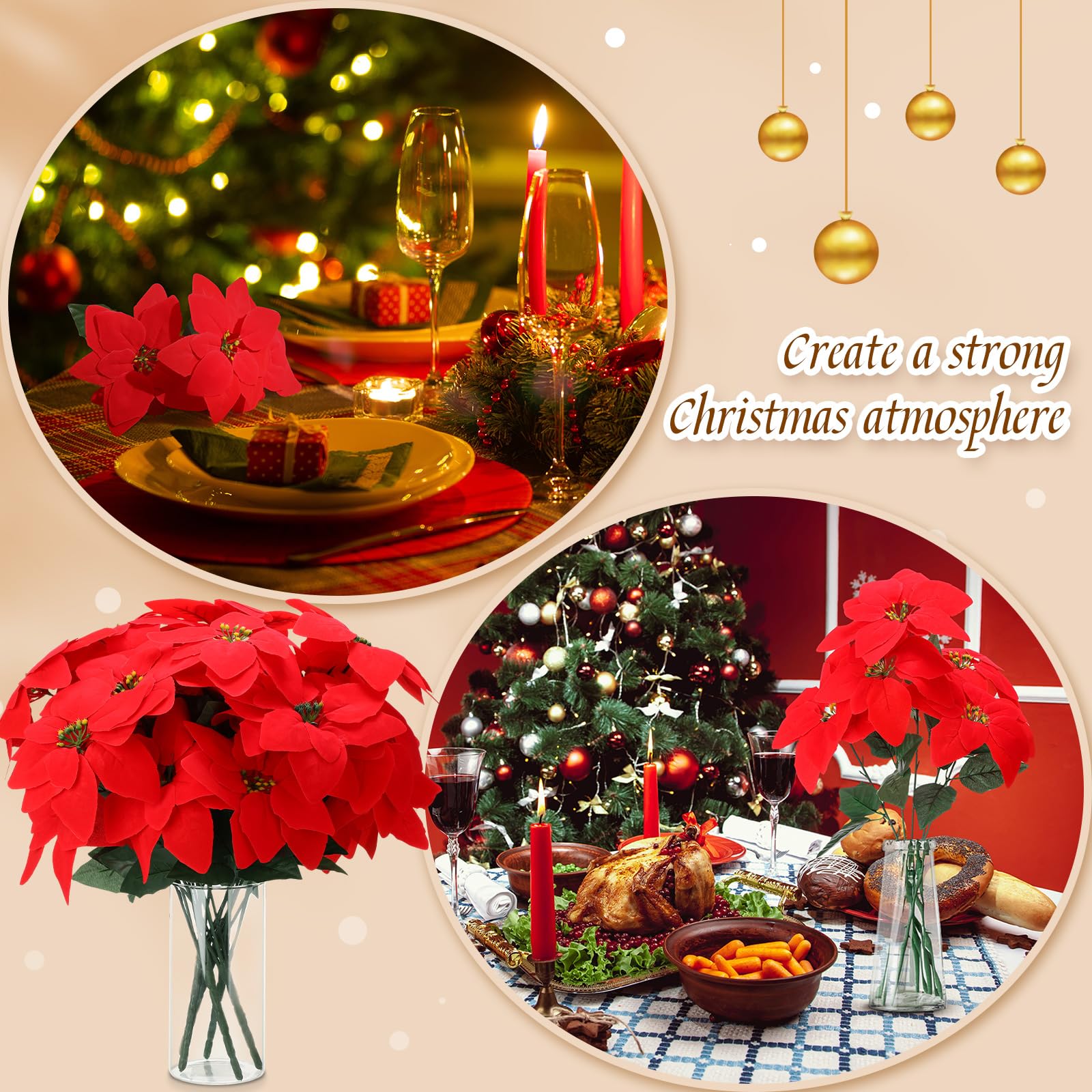 Yunlly Künstliche Weihnachtssterne mit 5 Köpfen, Samt, Kunststoff, rote Blumensträuße für Zuhause, Garten, Innen- und Außenbereich, Basteln, Hochzeit, Party, Tisch, Blumenzubehör, 24 Stück