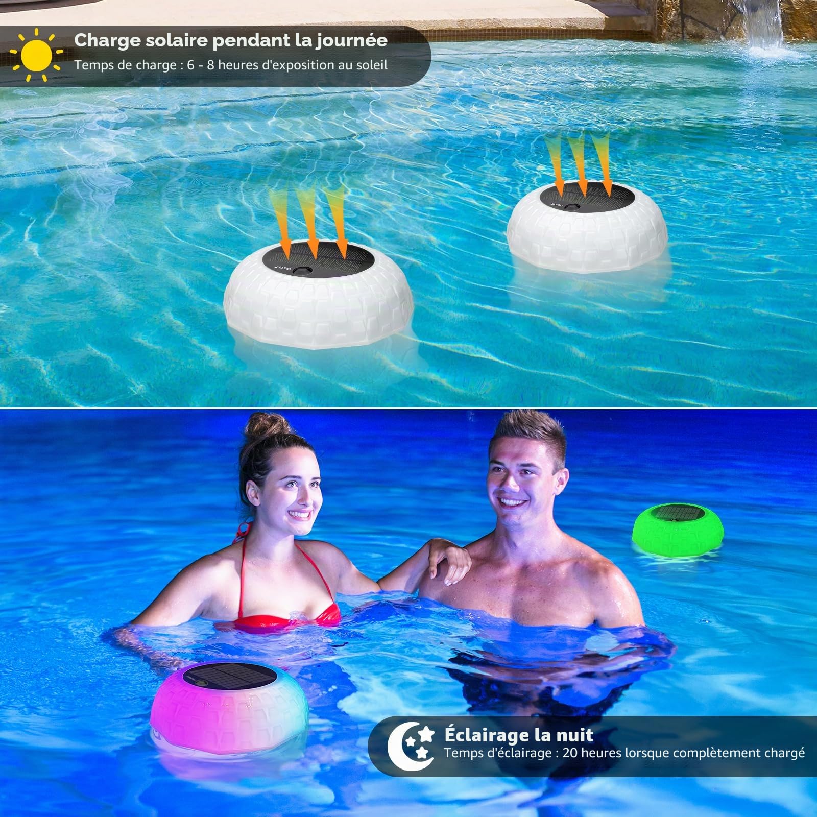 Qoolife Grand doseur Flottant pour jusqu'à 4 pastilles de Chlore - Lumière Solaire LED - 7 Couleurs - Distributeur de Chlore pour Piscine - avec télécommande réglable et Pliable