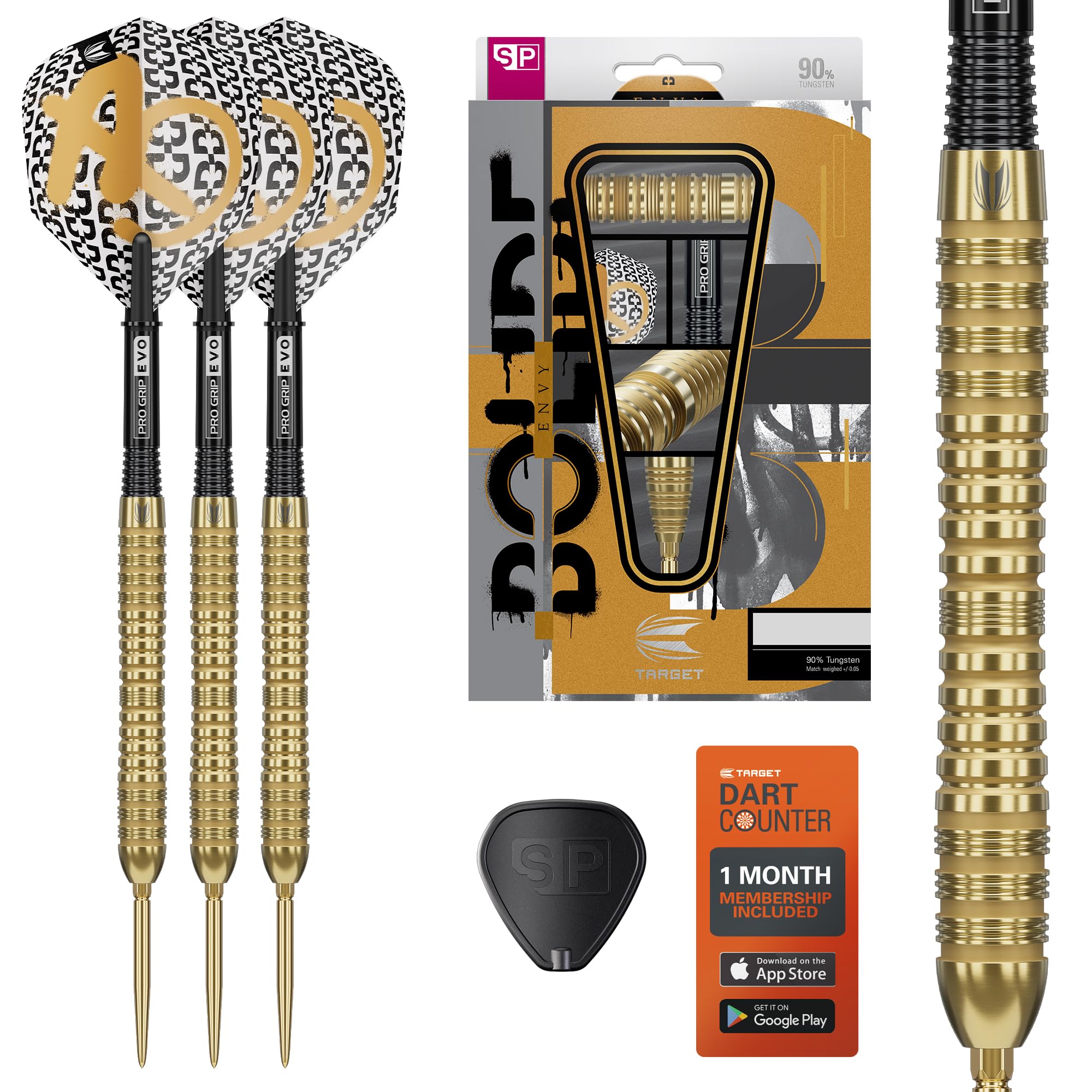 Target Darts Bolide Envy 04 90% Tungsten Swiss Point Steel Tip Dart Set, 23G | Pro Ultra No.6 Flights & Pro Grip EVO Shafts, Gold Swiss Points & SP Tool Included | Professional Dart Sets