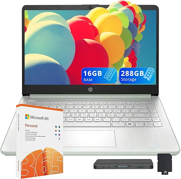 HP 14-inch Ultra Light Laptop W/1 Year Office 365&AI-Copilot, Intel Processor N150, 16GB RAM, 288GB Storage (128GB UFS + 160GB Docking Set), Long Battery Life, HD Camera, Wi-Fi 6, Windows 11s, Green