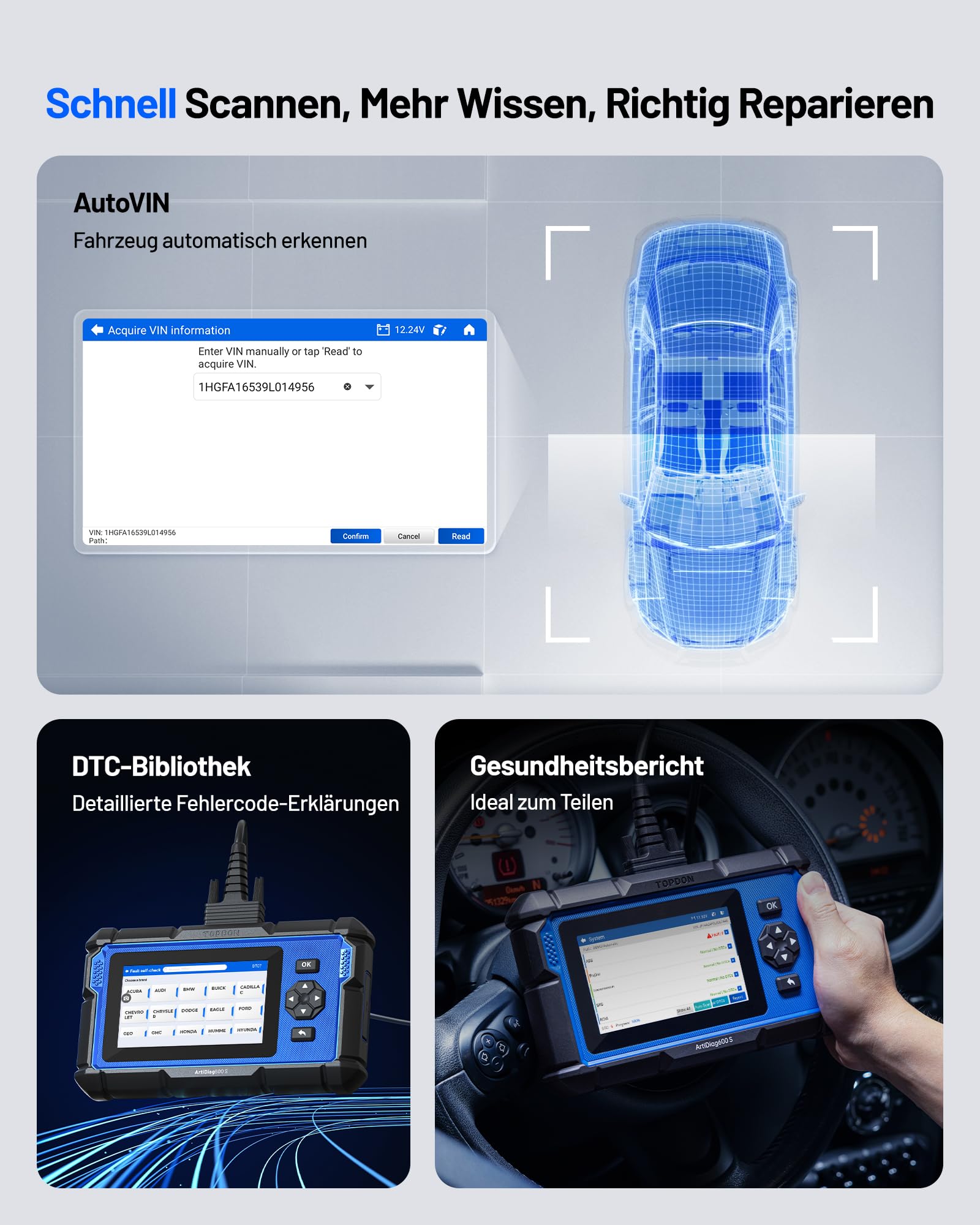 TOPDON ArtiDiag600S OBD2 Diagnosegerät, Diagnosegerät für 4 Systeme Motor/ABS/Airbag/AT, 9 Reset Funktionen auf Öl/Bremse/SAS/BMS/ABS/DPF/TPMS/Drosselklappe volle OBD2 Funktionen, lebenslanges Update