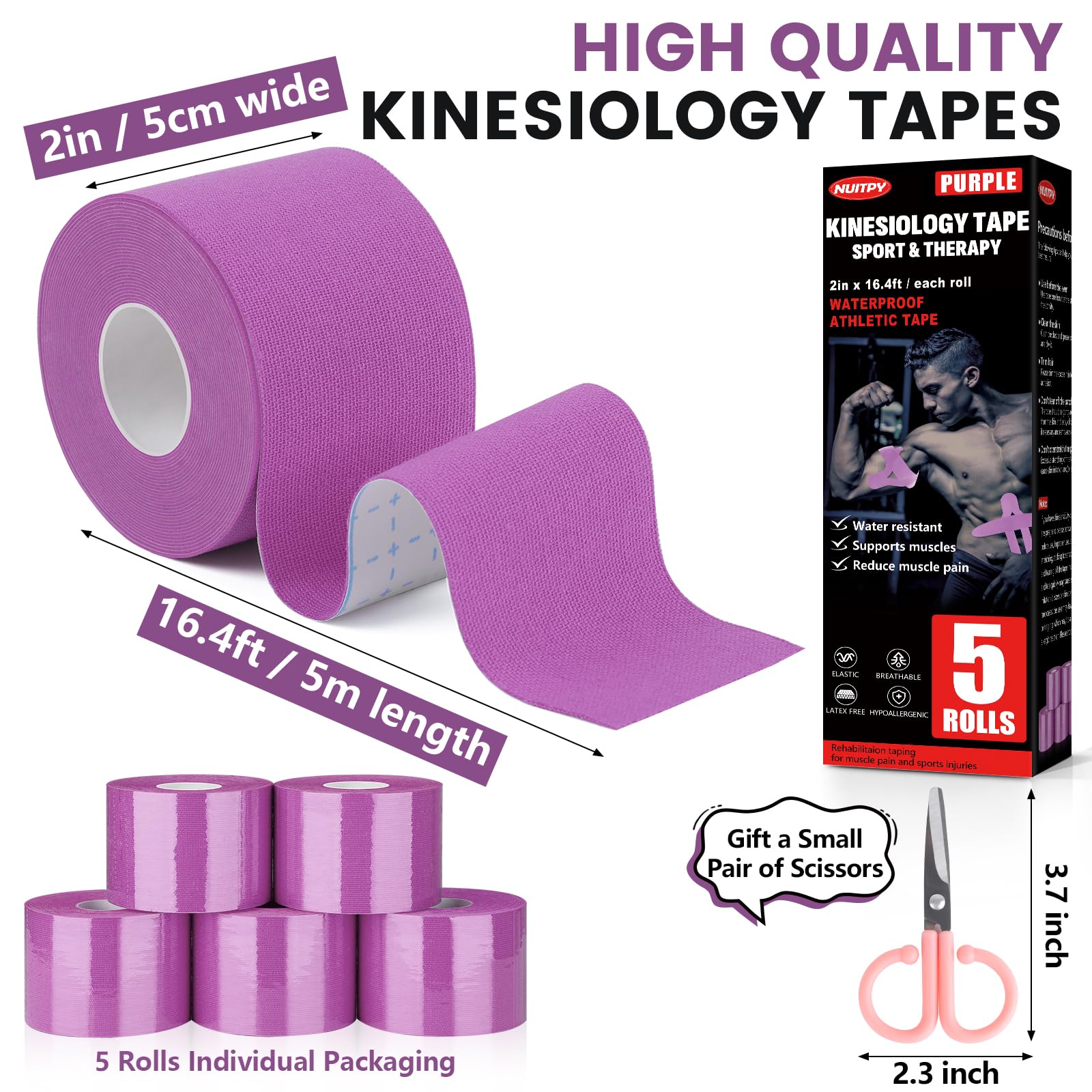 5 Rolls Kinesiology Tape Set - 2 Inch X 16.4 Ft, Waterproof & Sweatproof In 5 Colors For Muscle Support & Recovery-917251