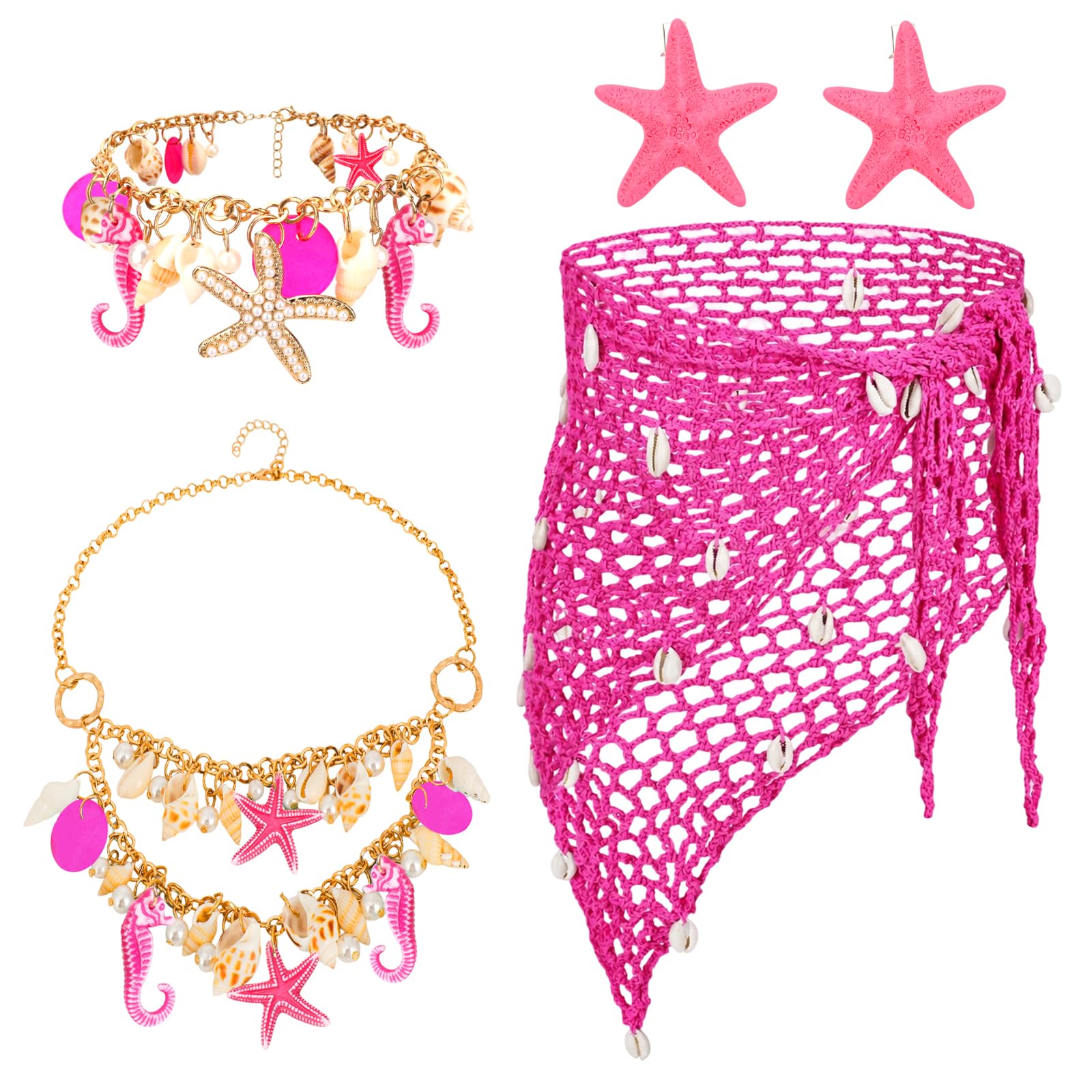 XEPST 5PCS Mermaid Costume for Women - Siren Costume Mermaid Accessories Set With Sarong Crochet Skirt Cover Up Shawl Starfish Hair Clips Shell Jewelry for Halloween Costumes Cosplay Carnival,RosePink — image 1