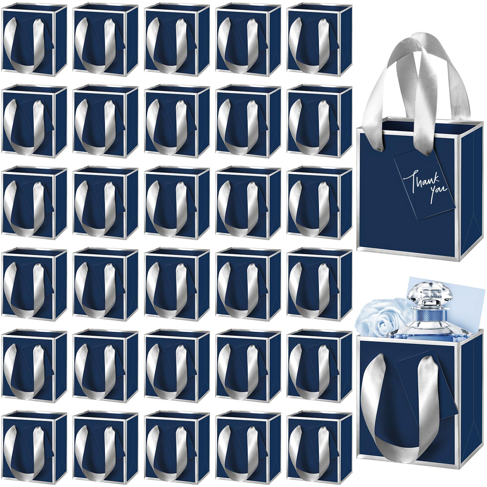 Photo 1 of Yeaqee Mini Paper Gift Bags with Handles Tag, Navy Blue, Silver (50 Pcs)