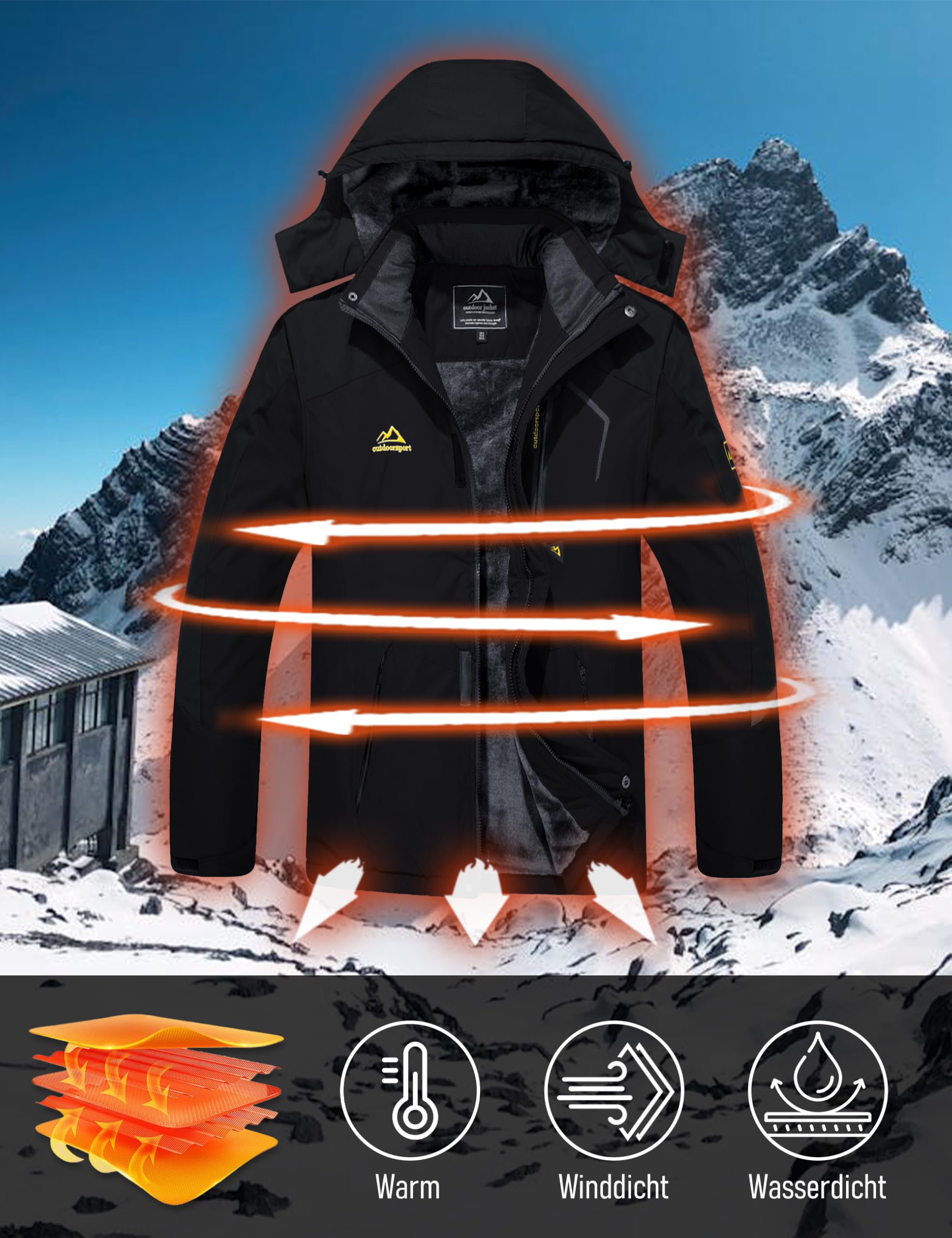 MAGCOMSEN Herren Winter Skijacke Fleece Gefüttert Softshelljacke Wasserdicht Winddicht Atmungsaktiv mit Abnehmbarer Kapuze