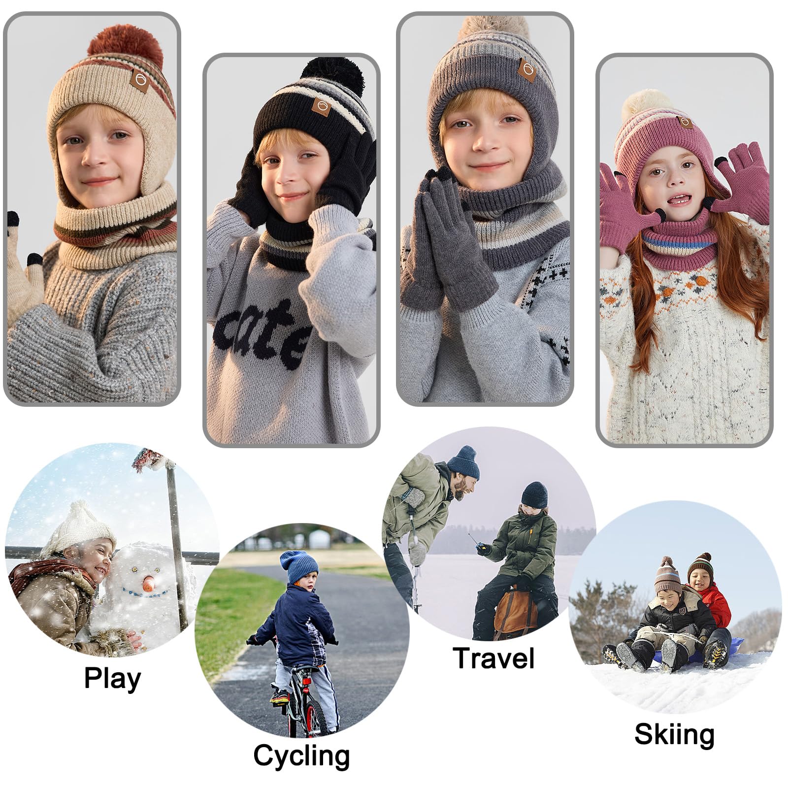 Ensemble Bonnet Écharpe Gants Hiver 3 en 1 Enfant, avec Cache-Oreilles & Doublure Polaire, Gants Tactiles - Lot Chaud Fille Garçon 4-10 Ans pour Ski et Froid