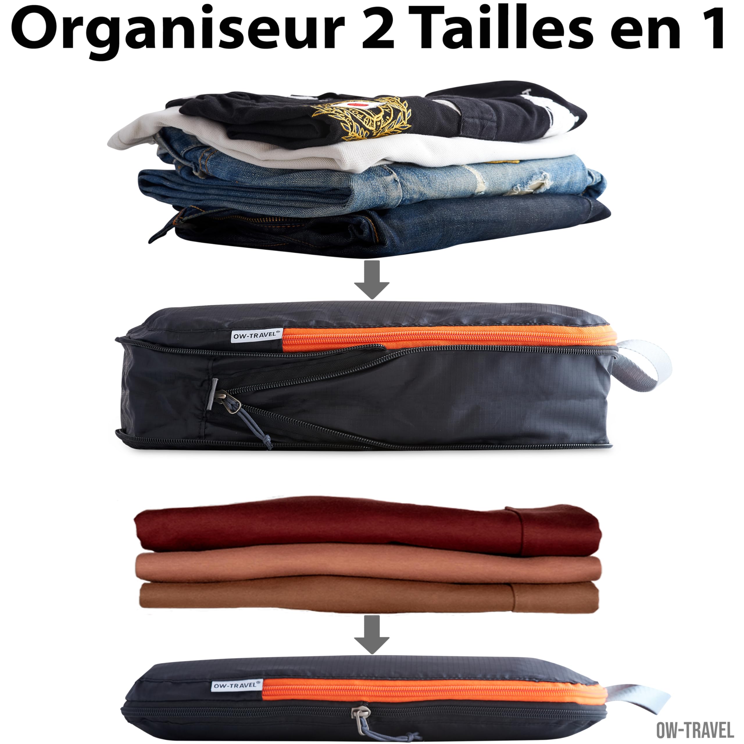 OW-Travel Organisateur de Valise Compressible (4 pièces, Moyen, Noir) Organisateur Valise, Sac de Compression Voyage. Organiseurs de Bagage, Pochette Rangement Voyage pour Sac à Dos. Packing Cubes