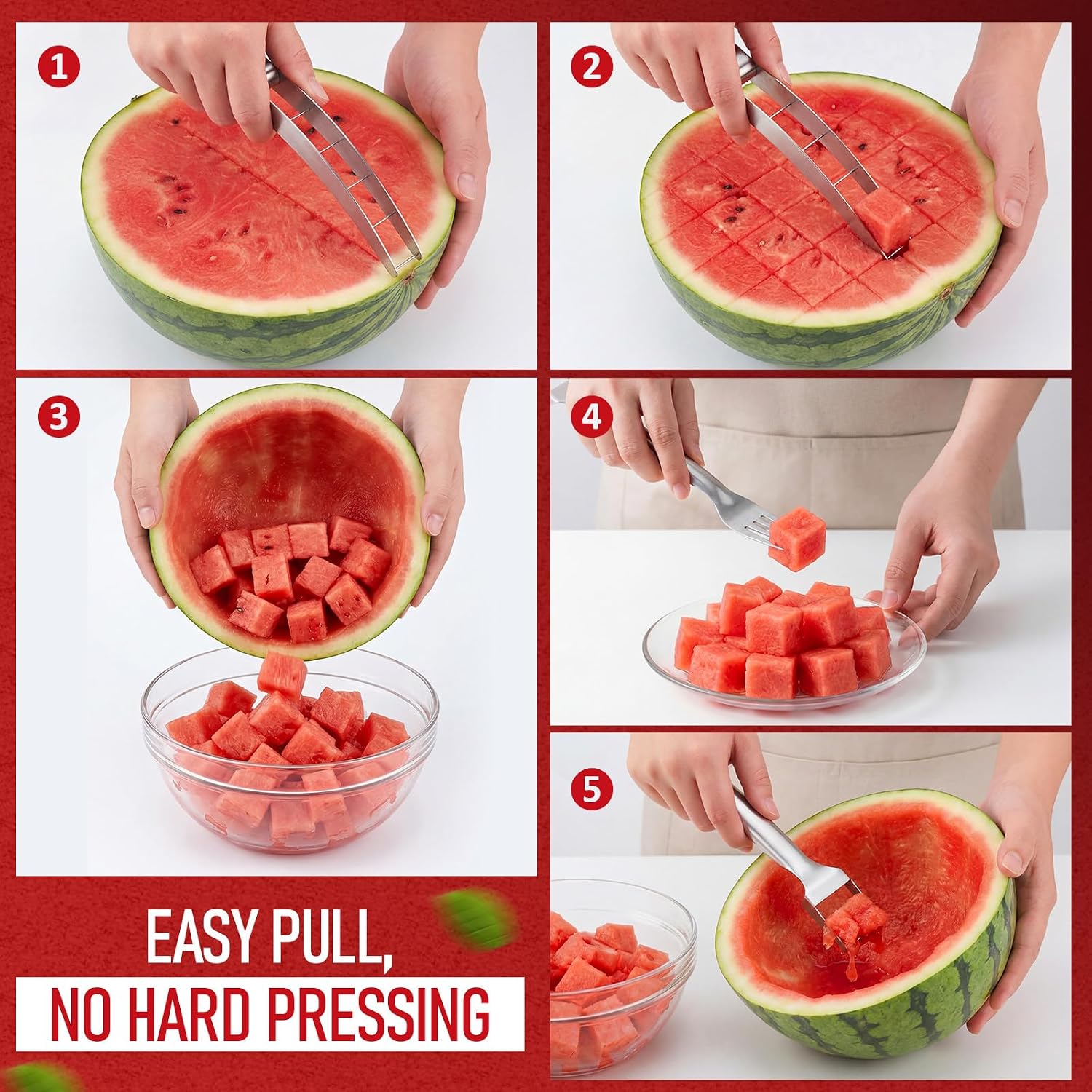LemonRoad 2 Pcs Watermelon Cutter Slicer Set, 2-in-1 Stainless Steel Fruit Cutter with Fork & Watermelon Cutters Tool for Easy Cubes, Quickly Melon Slicer Tool for Home Camping Kitchen(Silver Handle)