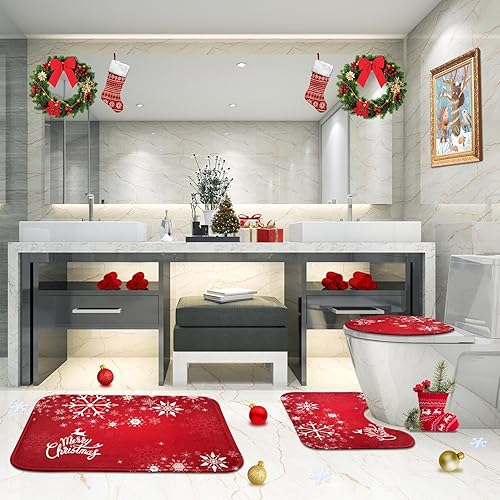 Miniatura 6 de ArtSocket Juego de 3 tapetes de baño de Navidad, diseño de muñeco de nieve rojo, antideslizante, lavable, juego de 3 tapetes de baño para decoración
