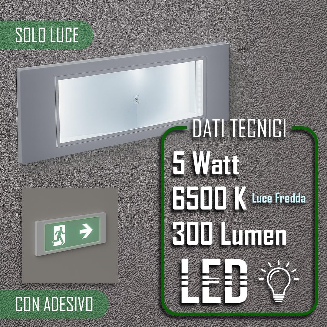 MAKA Luce di Emergenza LED 5W da Incasso a Parete con Molle, 300 Lumen, 6500K Luce Fredda, Batteria 3.7V 2200mAh, 1 Ora Autonomia, con 4 Adesivi Direzionali Inclusi, per Scale, Corridoi