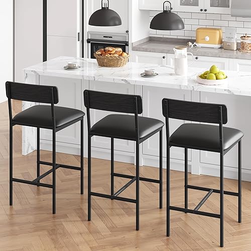 Miniatura 3 de IDEALHOUSE Juego de 2 taburetes de bar de cocina con reposapiés, sillas de bar tapizadas de 25.5 pulgadas con respaldo, taburetes de bar altura de