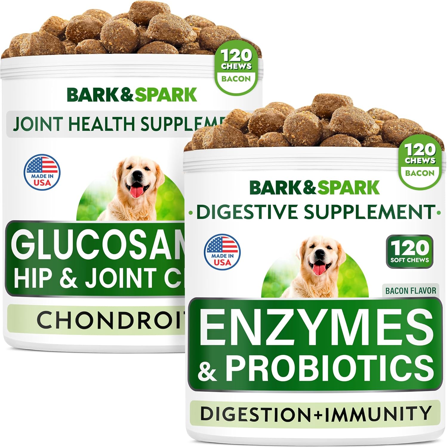 Probiotics + Glucosamine Bundle - Upset Stomach Relief + Joint Pain Relief - Enzymes + Prebiotics + Chondroitin, MSM, Omega-3 - Improve Digestion + Hip & Joint Care - 120 + 120 Chews - Made in USA