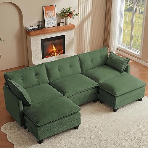 Modular Sectional Sofa, 111.5" U-Shaped Corduroy Comfy Sectional Couches for Living Room, 3-Seater Cloud Couches with 2 Movable Ottomans, Flexible Combination Modern Deep Seat Sofa (Green)