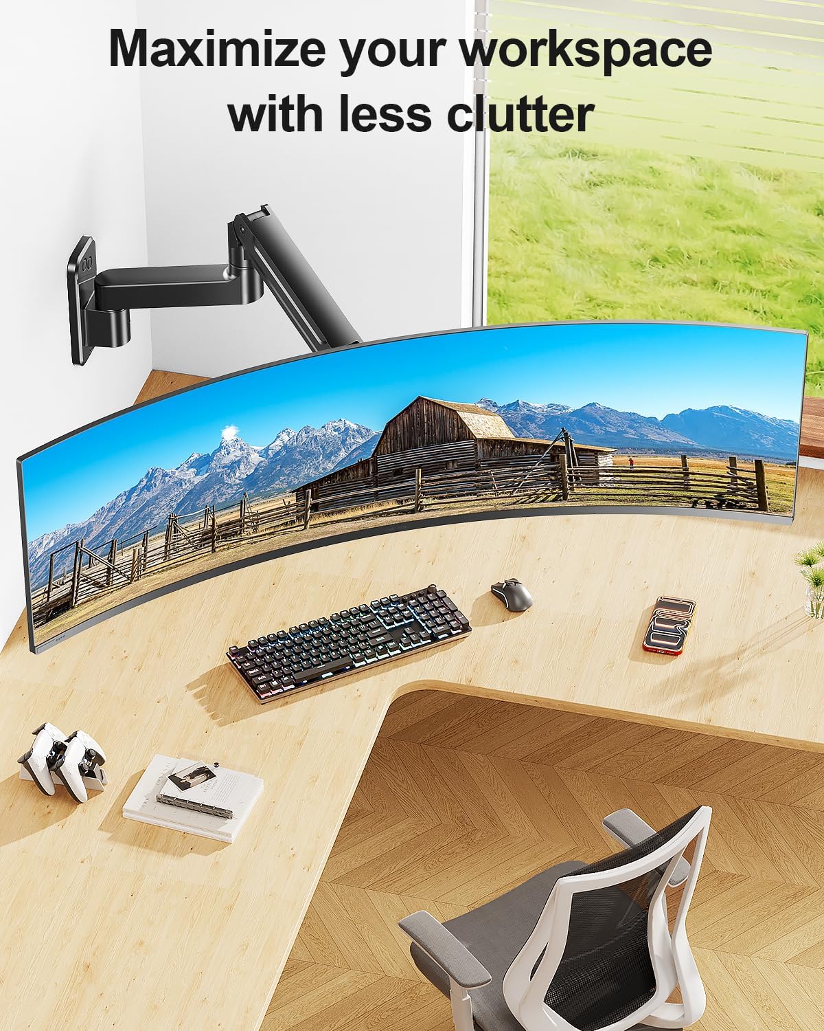 Monitor Wall Mount fits 22"-49" Ultrawide Flat & Curved Screens, Heavy Duty Single Monitor Wall Arm Holds 2.2 to 44 lbs, Full Motion Adjustable Wall Bracket, VESA Mount 75x75mm/100x100mm