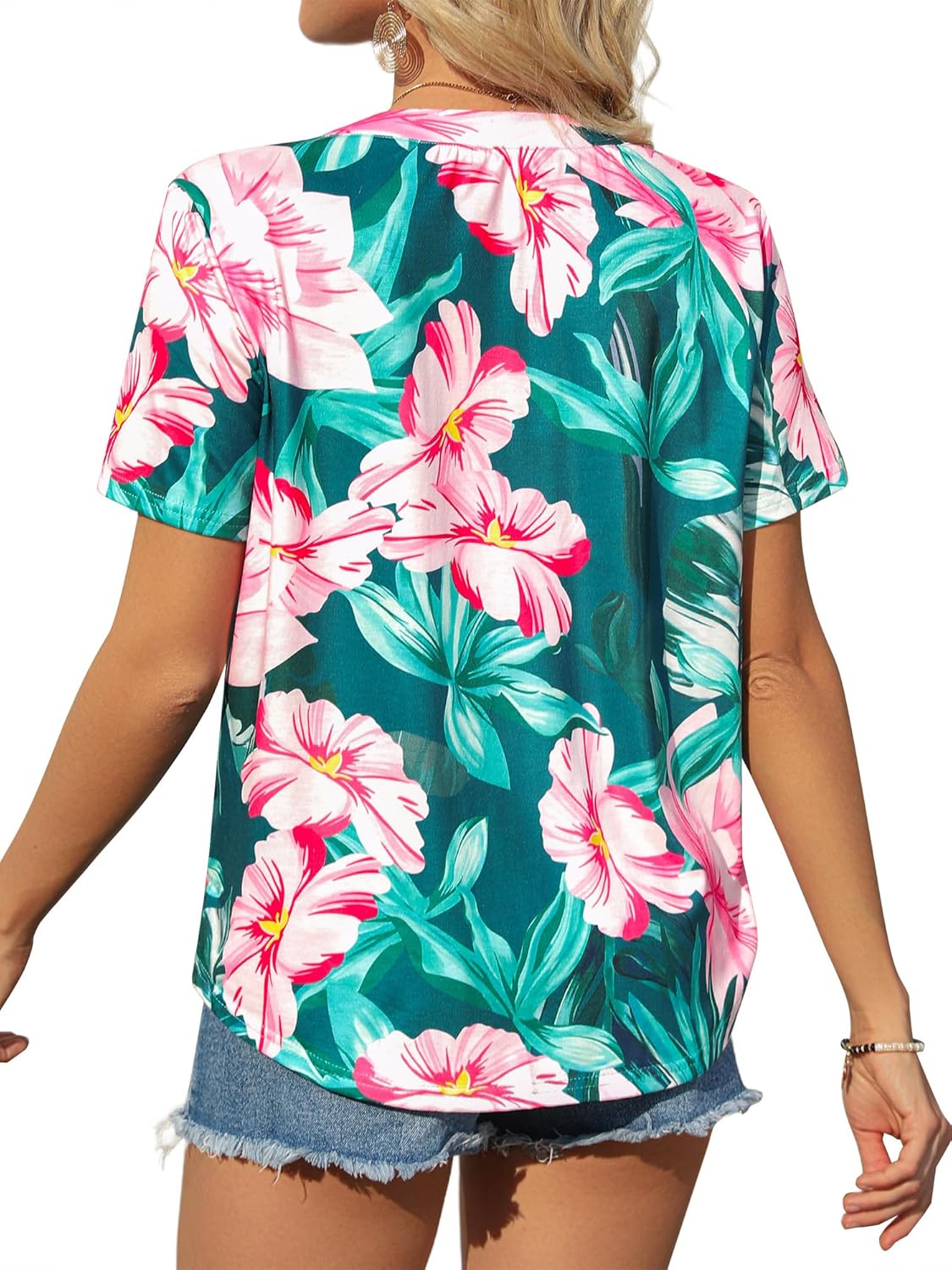 Womens Hawaiian Shirts V Neck Short Sleeve Button Floral Printed T-Shirt Summer Casual Pleated Trendy Blouses Tops - Image 6