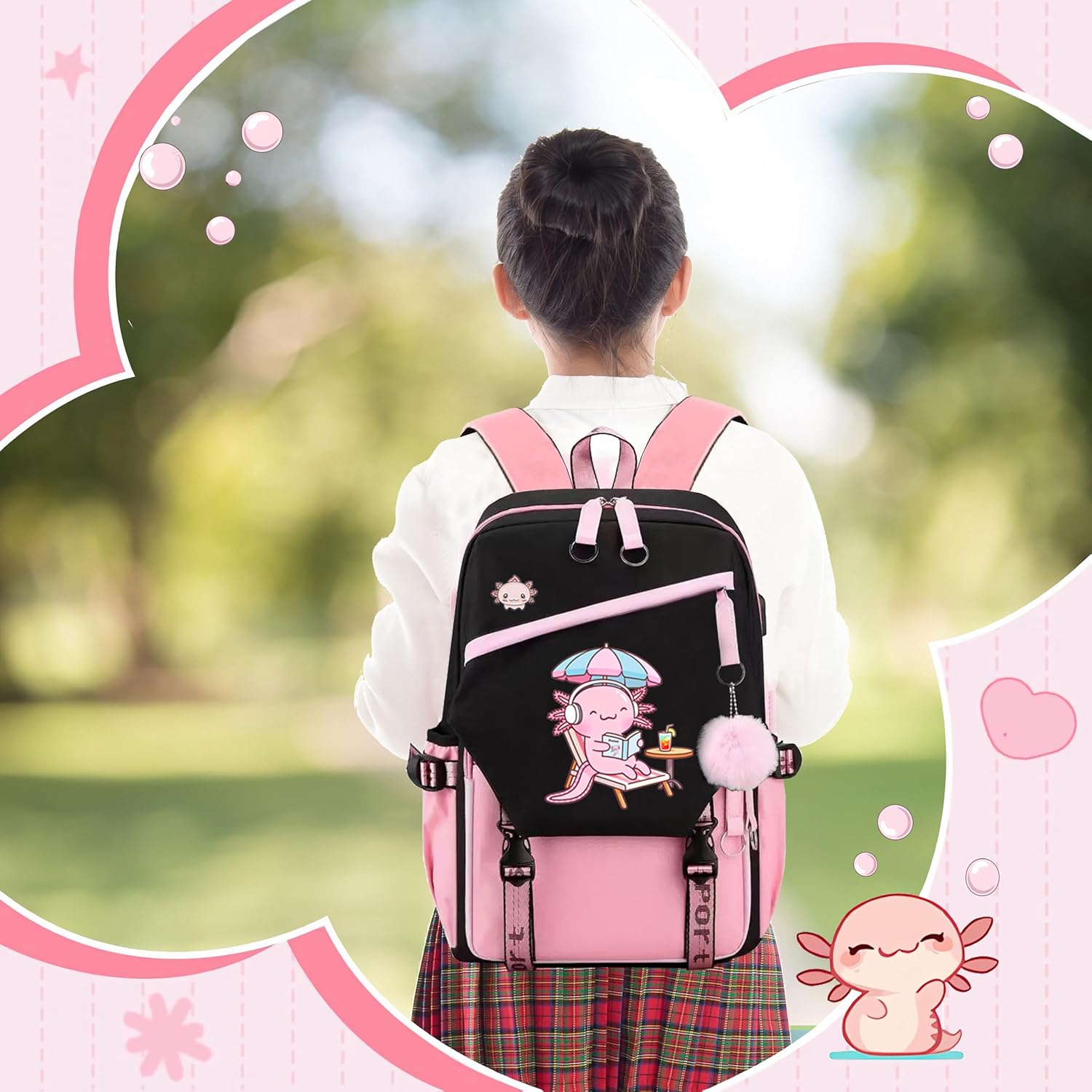 Axolotl Backpack 17 Inch Laptop Backpack with USB Charging Port, Water-Resistant Cartoon Backpack Travel Daypack for Work, Outdoor, Gym, Hiking - Image 6