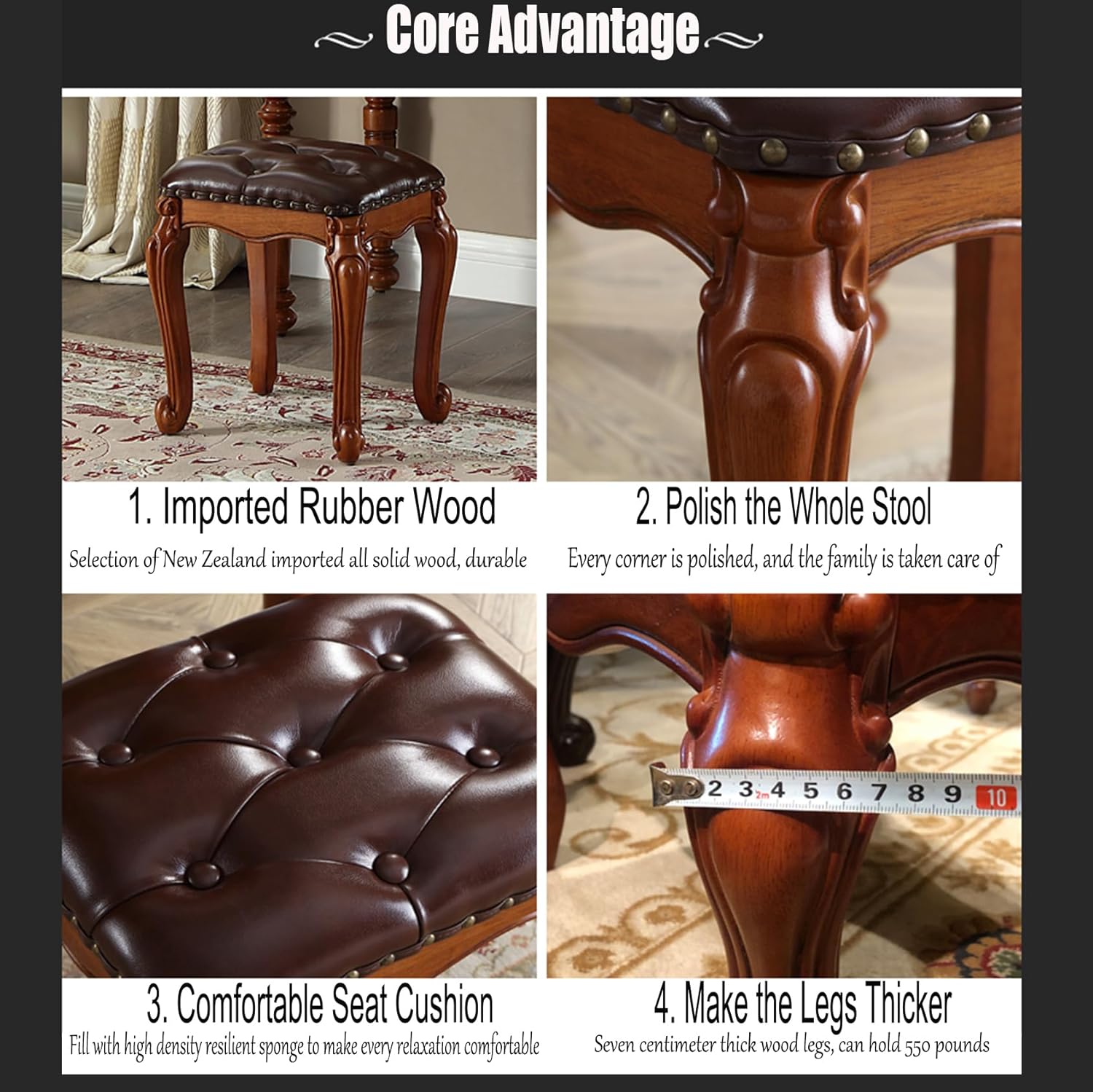 Foot Stools,Vintage Ottoman Cherry Leather Foot Rest,Wooden Footrest,Upholstered Footstool for Couch/Living Room/Sofa (18.5)