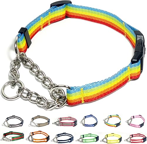 Miniatura 7 de Collar Martingale para perros, collares de nailon ajustables con hebilla de liberación rápida, rayas multicolores, cadena de acero inoxidable,