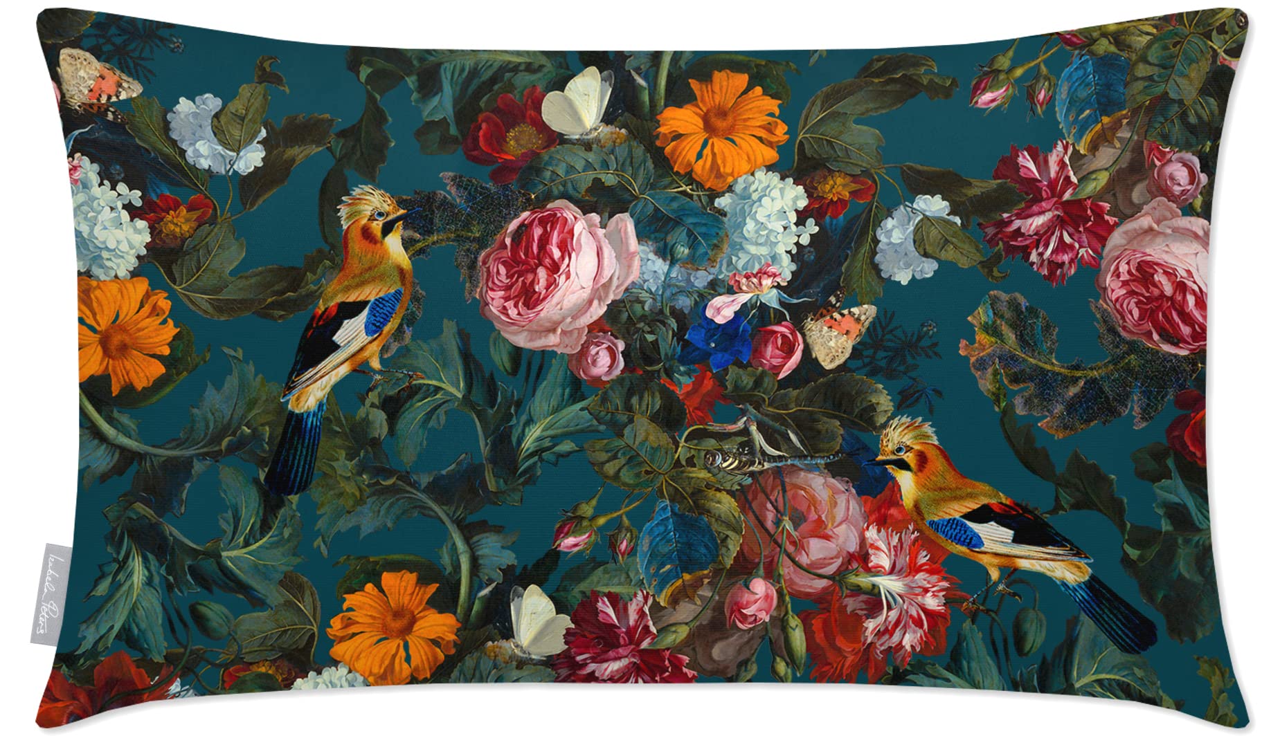 Izabela Peters Teal Outdoor Cushions Waterproof, 50 X 30 Cm, Filled Outdoor Cushion, Birds In Paradise- Garden Furniture Cushions, Outdoor Seat Cushions, Garden Chair Cushions