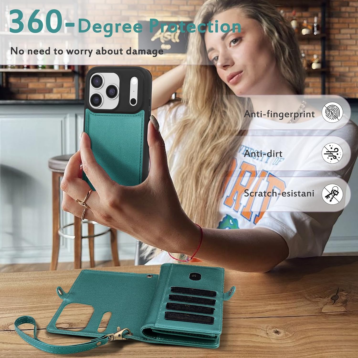 for Wallet Case Compatible with iPhone 17 Pro,Multi-Function Detachable 2 in 1 Magnetic iPhone 17 Pro Case Wallet,Flip Strap Zipper Card Holder Phone Case with Shoulder Straps (Green) - Image 5