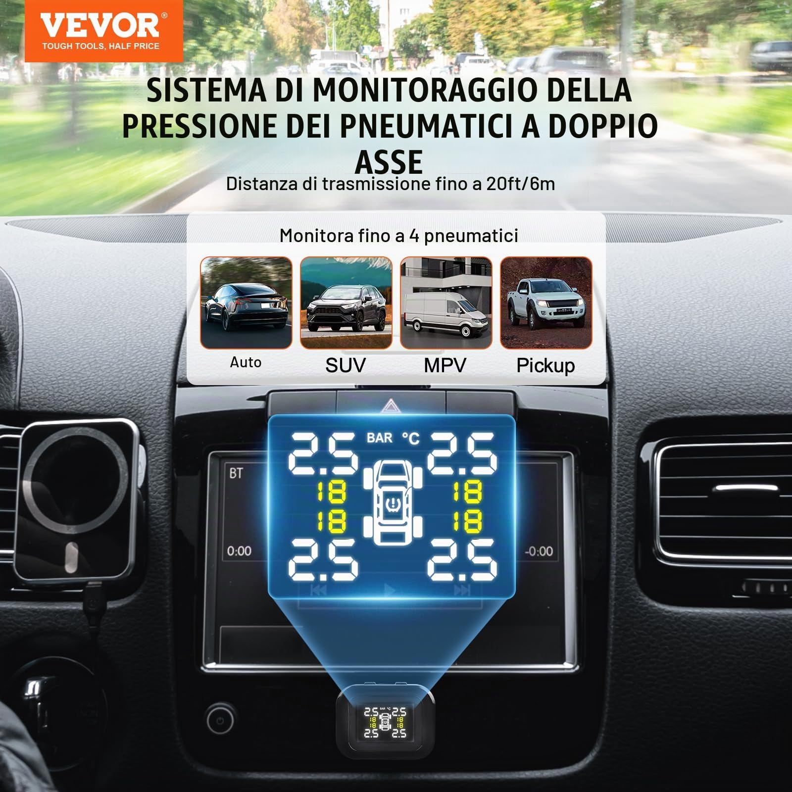 VEVOR Sistema di Monitoraggio Pressione Pneumatici per Camper, TPMS per Rimorchio 7,3-87 psi, Sistema di Allarme per Auto Universale Set di Sensori TPMS Impermeabili Visualizzazione in Tempo Reale