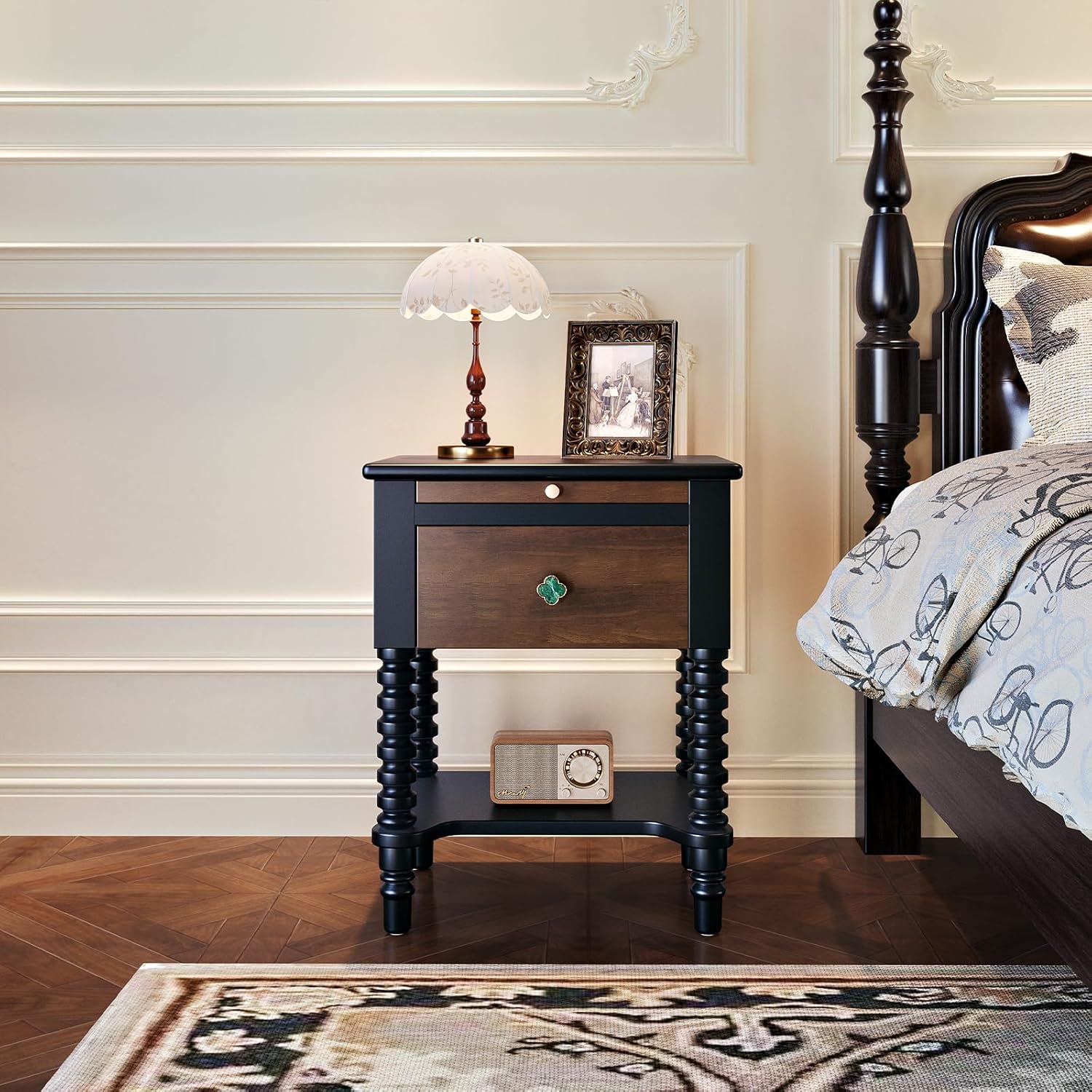Vintage Dark Wooden Nightstand, Black Walnut - 17.7" Narrow Solid Wood Bedside Table with Drawer & Pull-Out Shelf, Antique Retro Small Night Stand for Bedroom Living Room, 13.8"D x 17.7"W x 22"H