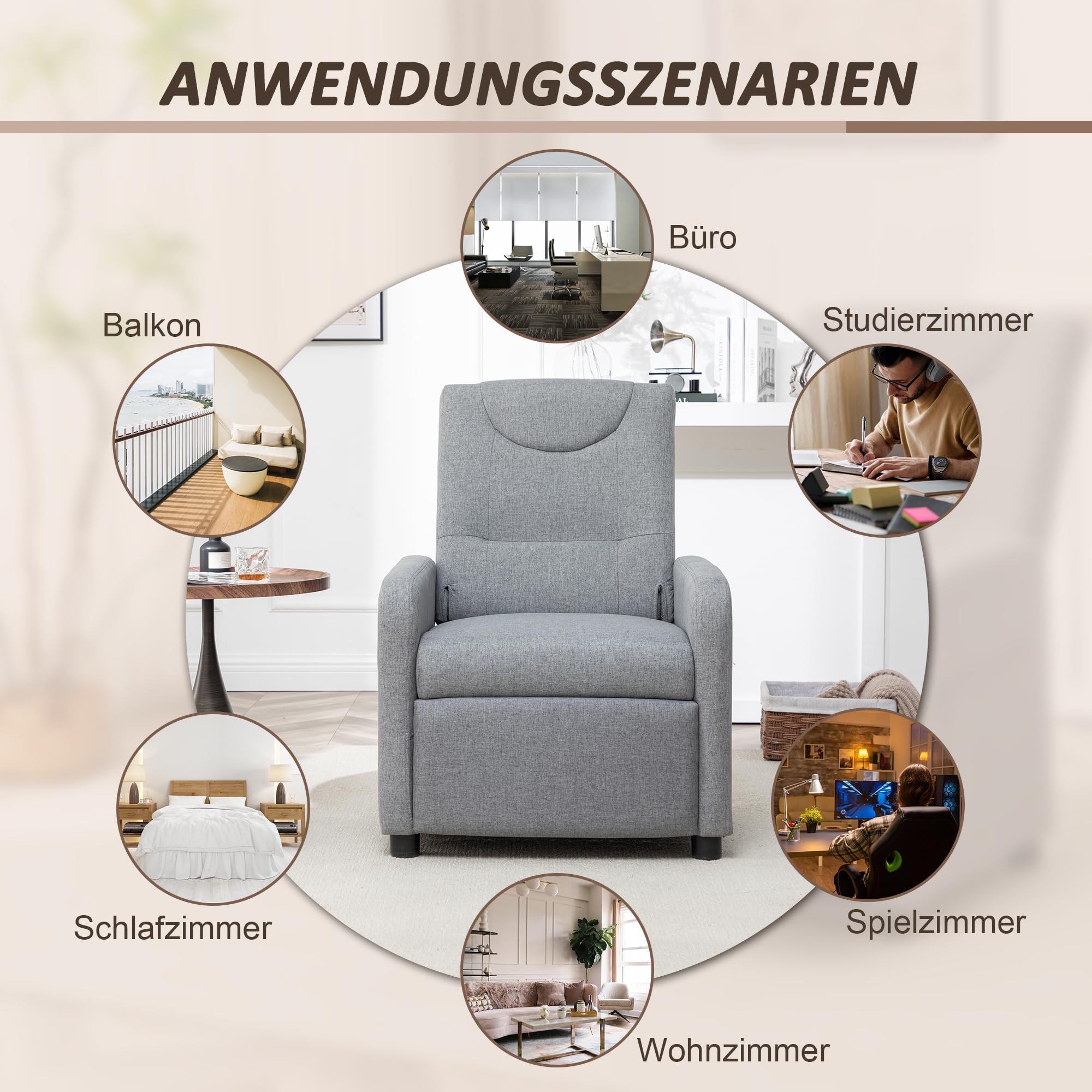 Thanaddo Relaxsessel Fernsehsessel Ruhesessel mit Liegefunktion, Einzelliege Sessel 140° Verstellbarer Rückenlehne, Ergonomisch Lounge Sessel bis 160 kg für Wohnzimmer Heimkino, Leinen Grau