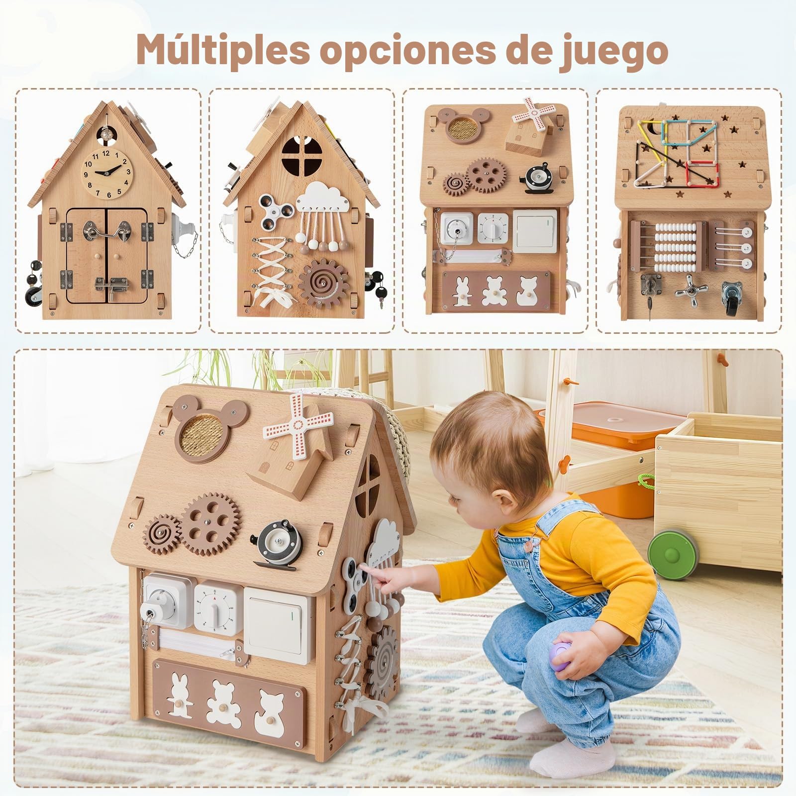 FANTASK Casa de juegos para niños, casa de entretenimiento con juegos sensoriales y espacio de almacenamiento en el interior, juguete Montessori, juguete de motricidad para niños y niñas a partir de 3