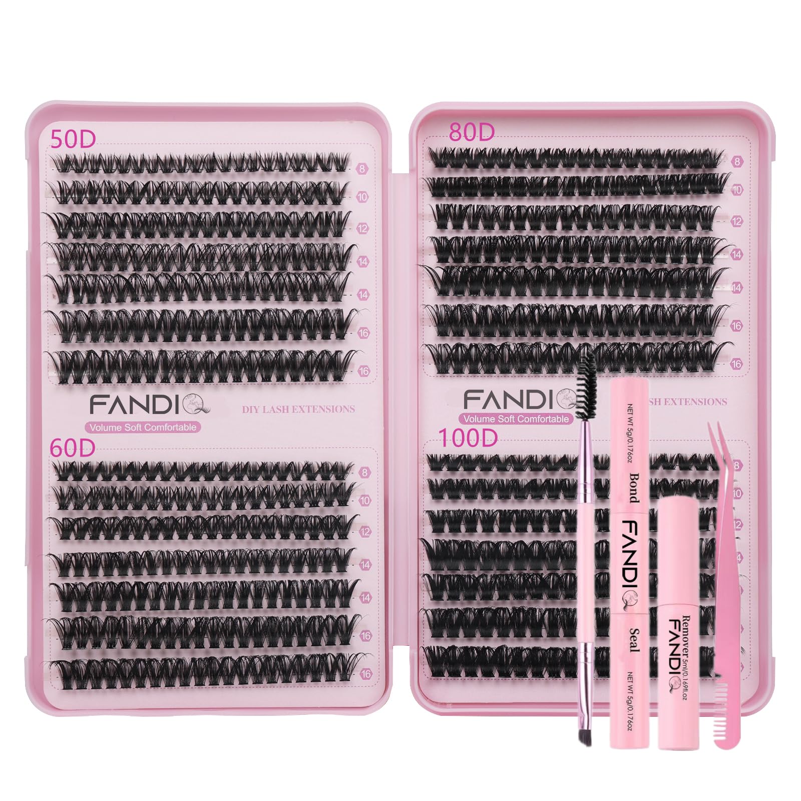FANDIQ Fluffy Individual Eyelashes Kit: 50D+60D+80D+100D Thick Russian D Curl Lash Clusters