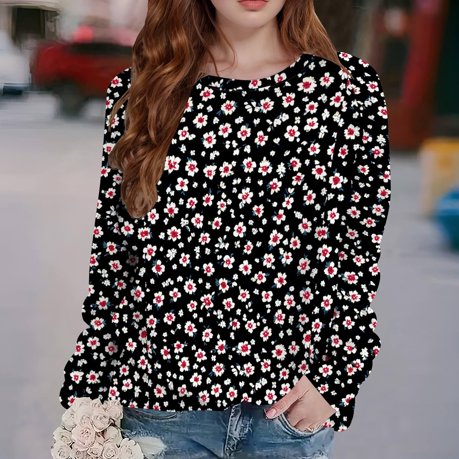 Womens Boho Floral Sweatshirt Graphic Pullover Tops Long Sleeve Round Neck Plus Size Fall Casual Hoodies - Image 2