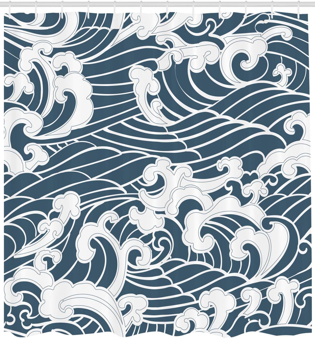 ABAKUHAUS Japanese Wave Shower Curtain, Hand Drawn Traditional Style Aquatic Doodle River Storm Retro Abstract - Image 3