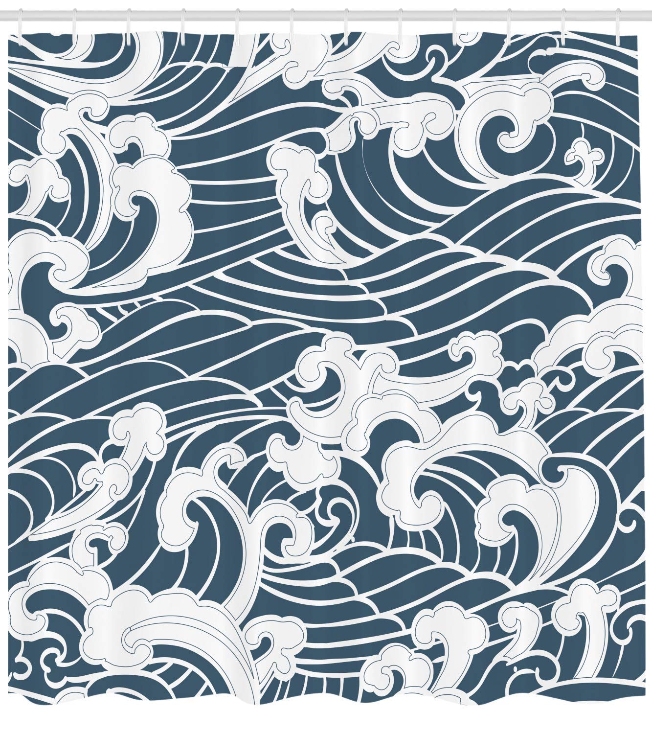 ABAKUHAUS Japanese Wave Shower Curtain, Hand Drawn Traditional Style Aquatic Doodle River Storm Retro Abstract - Image 2
