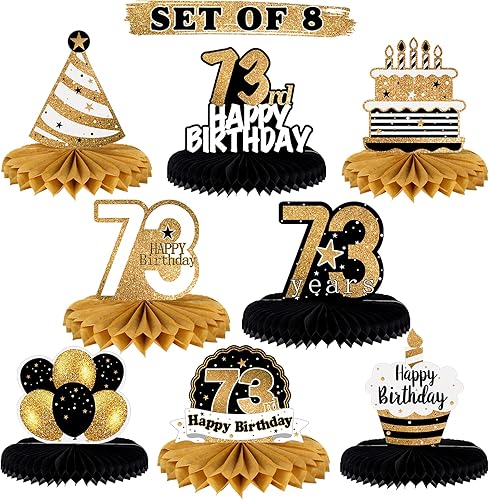 Miniatura 82 de LINGTEER Decoración feliz 50 cumpleaños negro y dorado de papel para mesa - Juego de centros de mesa con estrella de pastel y globo, 8 piezas
