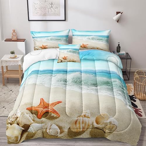 Miniatura 9 de Bedbay Juego de edredón de conchas marinas, juego de edredón costero tamaño individual para niños y niñas, juego de ropa de cama con temática de