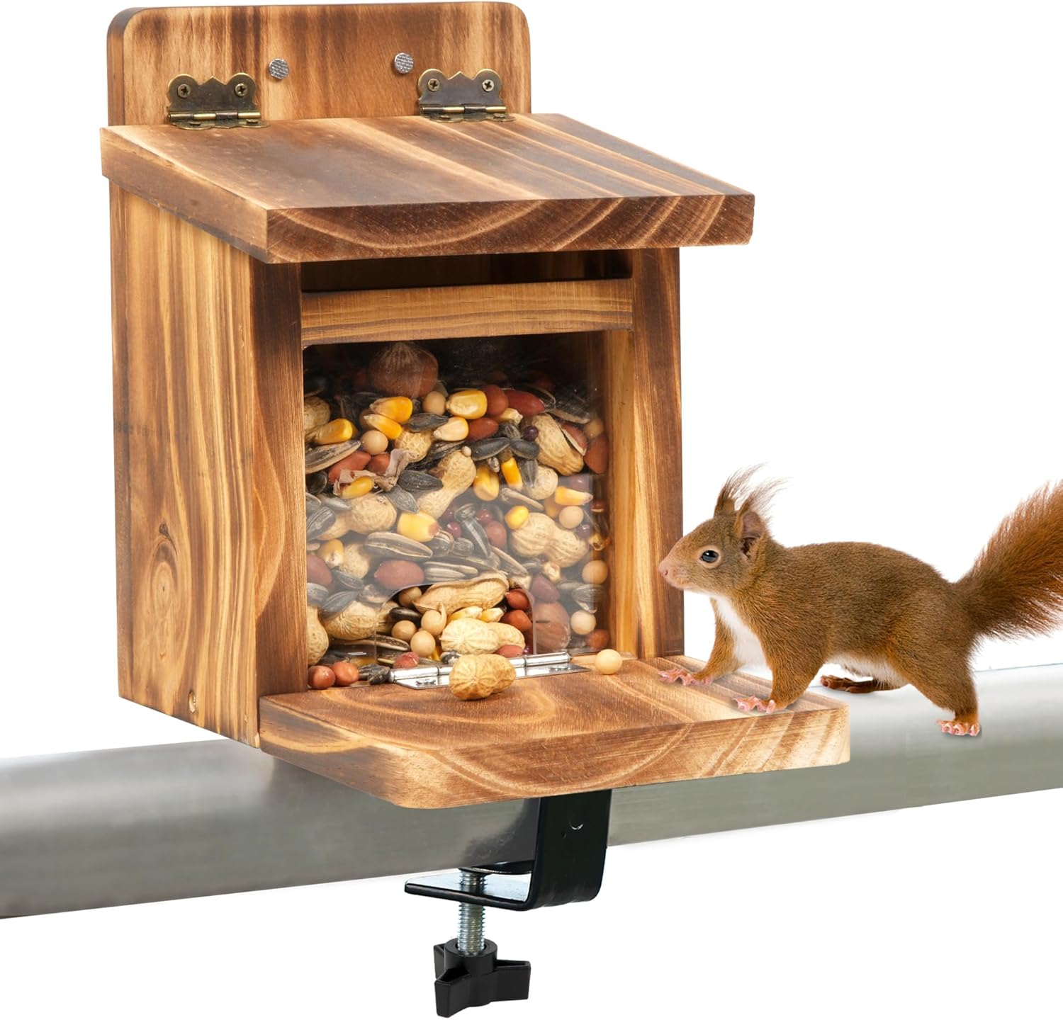 MIXXIDEA Deck Squirrel Feeder Box, Sturdy Squirrel Feeding House with Thickness 1.5CM Wood, No Assembly Required, for Backyard Outside Garden (1 PCS)