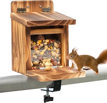 MIXXIDEA Deck Squirrel Feeder Box, Sturdy Squirrel Feeding House with Thickness 1.5CM Wood, No Assembly Required, for Backyard Outside Garden 1 PCS