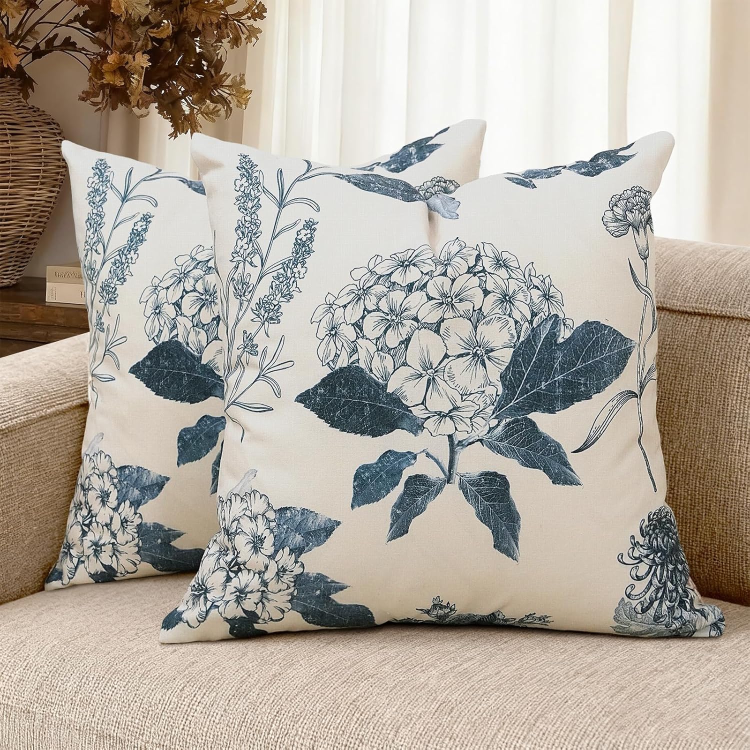 Floral Pillow Covers 18x18 Set of 2 Vintage Print Throw Pillow Covers Neutral Accent Home Decor for Sofa Chair Couch Bedroom Living Room, Blue